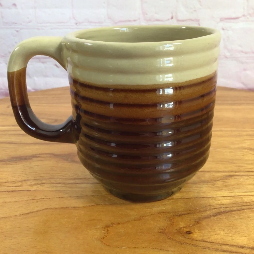 Vintage Three Tone Brown Ribbed Stoneware Covered Sugar Creamer Mug Set
